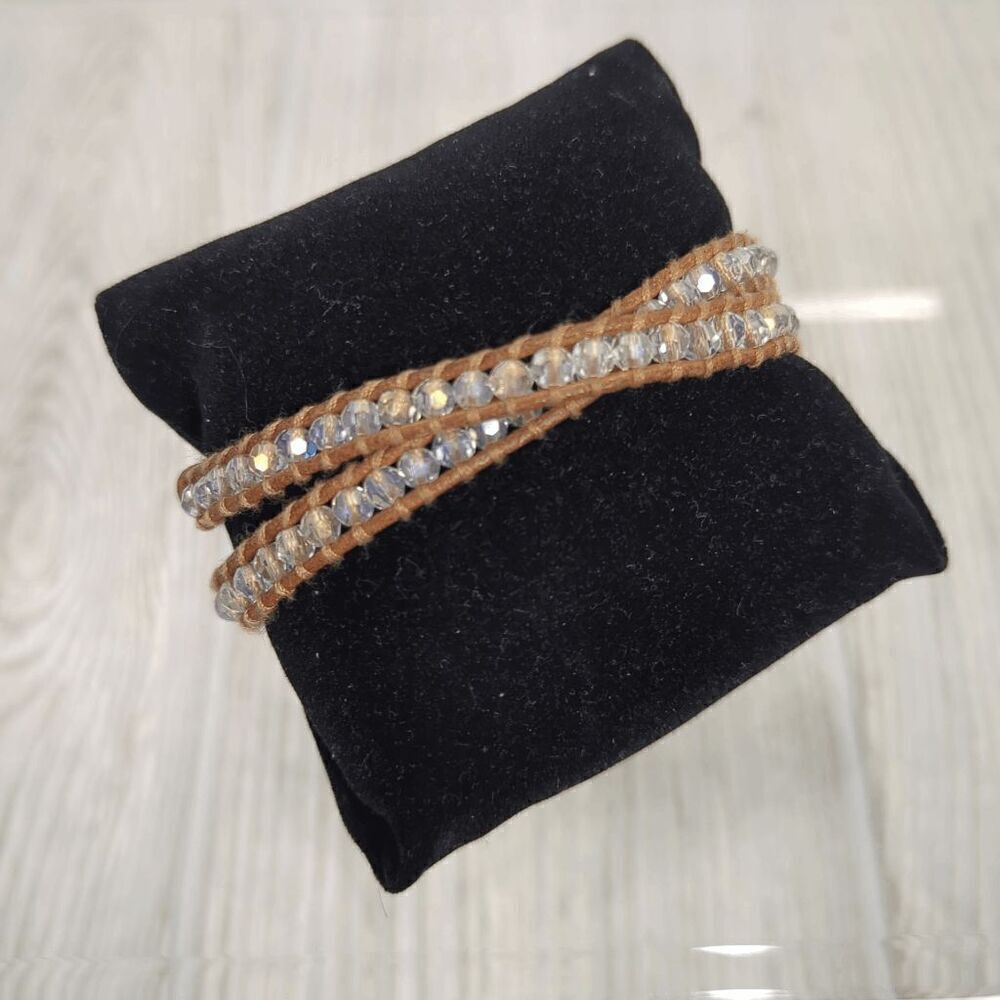 Victoria Emerson Leather Wrap Bracelet Tan Leather with Clear White Beads
